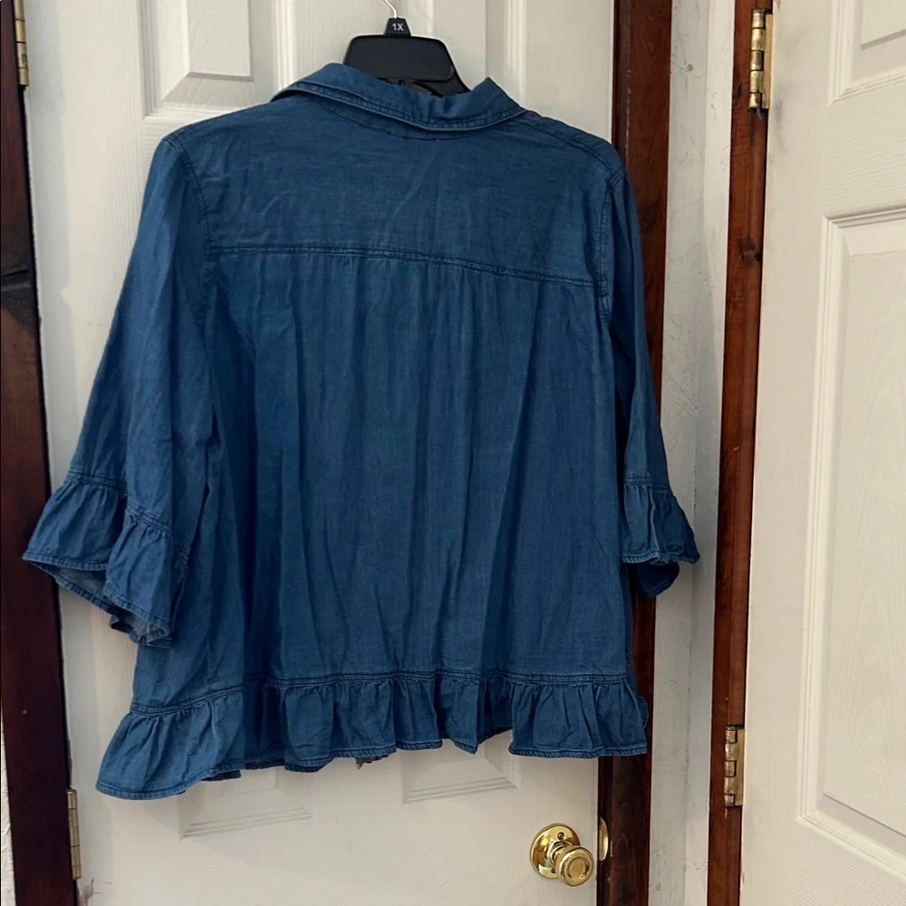 Blue Denim Ruffle Zip-Front Jacket - Picture 6 of 7